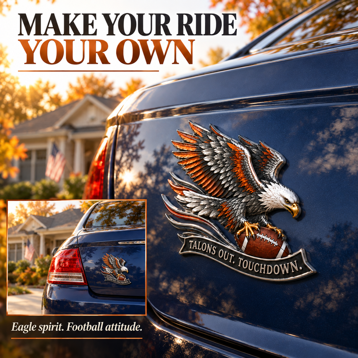 🦅 'Talons Out. Touchdown!' Premium Metal Eagle Car Emblem 5.9“*5.9” | The Ultimate Football Fan Decal