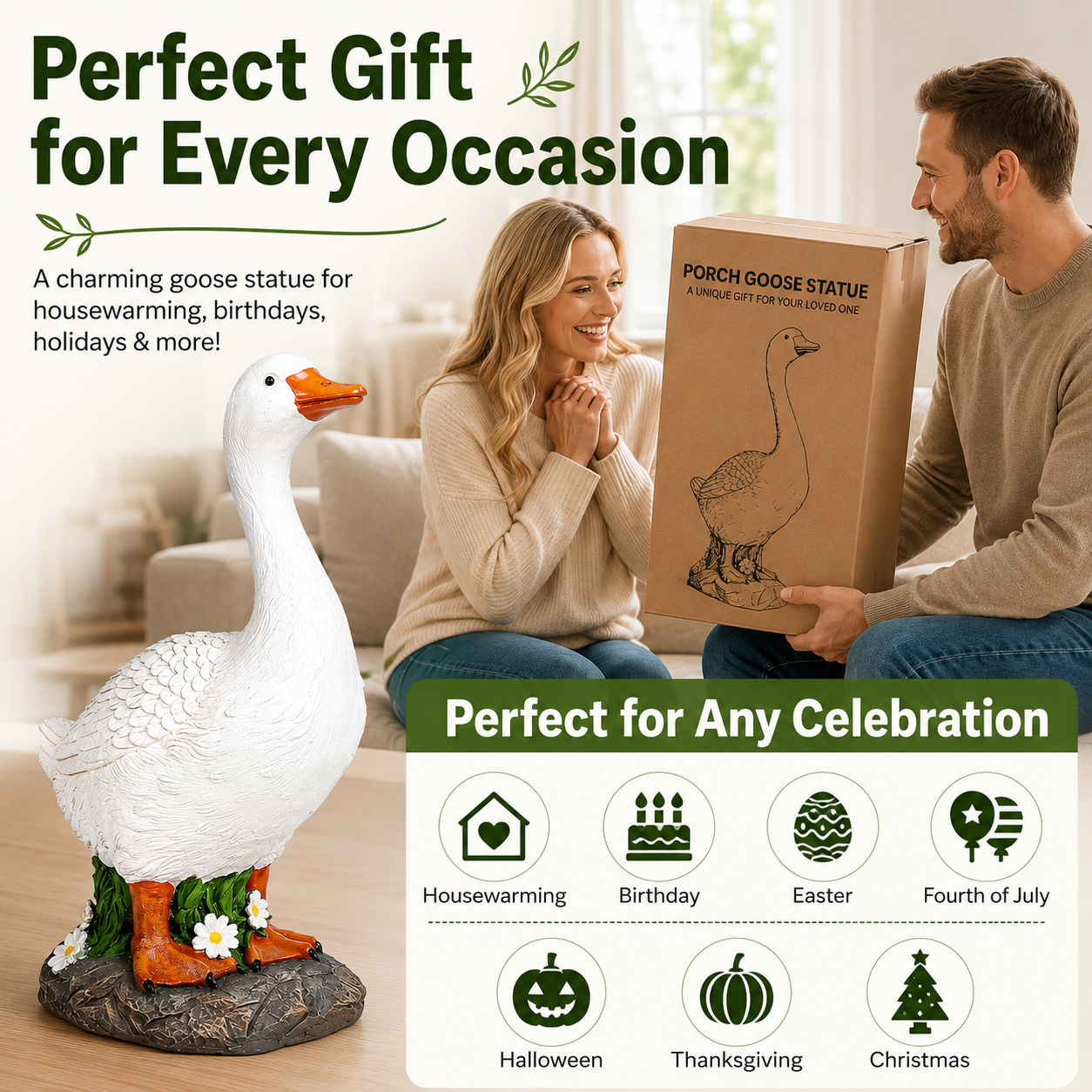 Hand-Painted Porch Goose Statue – 19” Tall, Indoor & Outdoor
