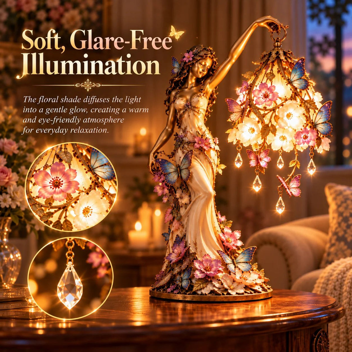 🦋 'Butterfly Lady' Accent Lamp – Elegant flower goddess-style lamp with crystal drops
