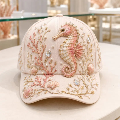 🌊 3D Ocean Creatures Embroidery Cap | Pearl & Crystal Adjustable Hat for Beach, Travel & Everyday Wear