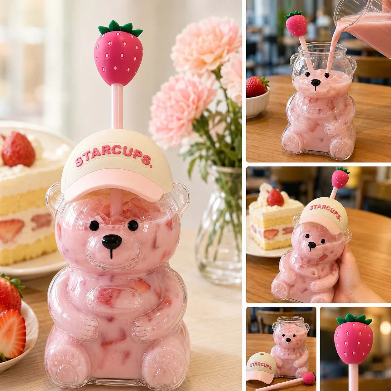 🔥 TODAY 55% OFF🐻Cute Teddy Bear Glass Tumbler with Bear Lid & Strawberry Straw – 20oz Reusable Cup
