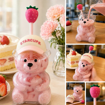 🔥 TODAY 55% OFF🐻Cute Teddy Bear Glass Tumbler with Bear Lid & Strawberry Straw – 20oz Reusable Cup