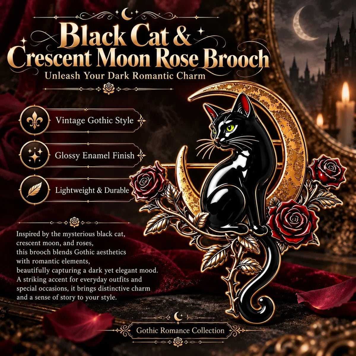 🐈‍⬛🌙 Black Cat Crescent Moon Brooch – Gothic Rose Statement Pin