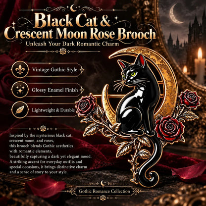 🐈‍⬛🌙 Black Cat Crescent Moon Brooch – Gothic Rose Statement Pin