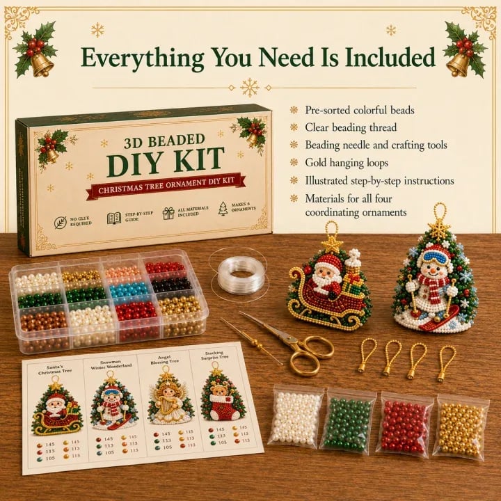 ⏳ Last Day 49% OFF – 🎄 Beginner-Friendly DIY 3D Christmas Beaded Ornament Kit | Complete 4-Piece Set with Glass Beads, All Tools & Step-by-Step Guide Included 💕