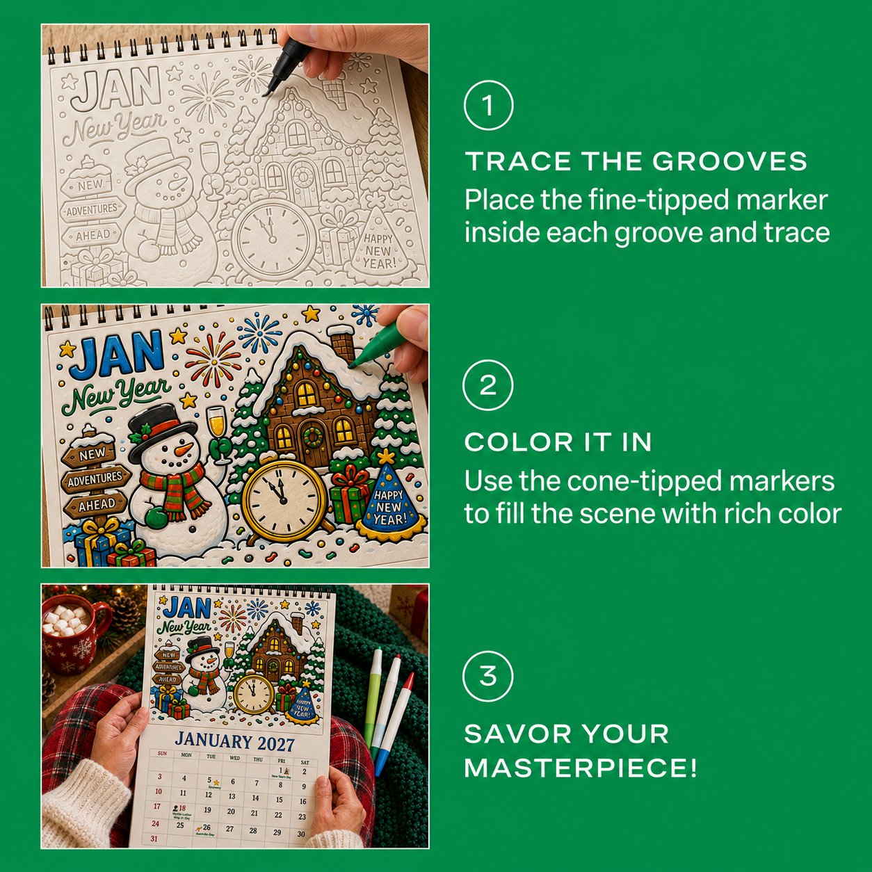 🎨Color The Year 2027: Trace-By-Groove Creative Calendar📅| Seasonal Guided Coloring Wall Calendar With Markers