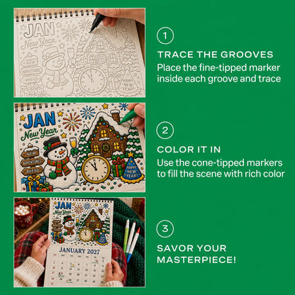 🎨Color The Year 2027: Trace-By-Groove Creative Calendar📅| Seasonal Guided Coloring Wall Calendar With Markers