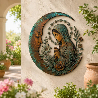 🌙 Crescent Moon Marian Botanical Metal Wall Art | Layered Virgin Mary, Raised Roses & Stars with Turquoise Patina and Copper-Tone Finish ✨