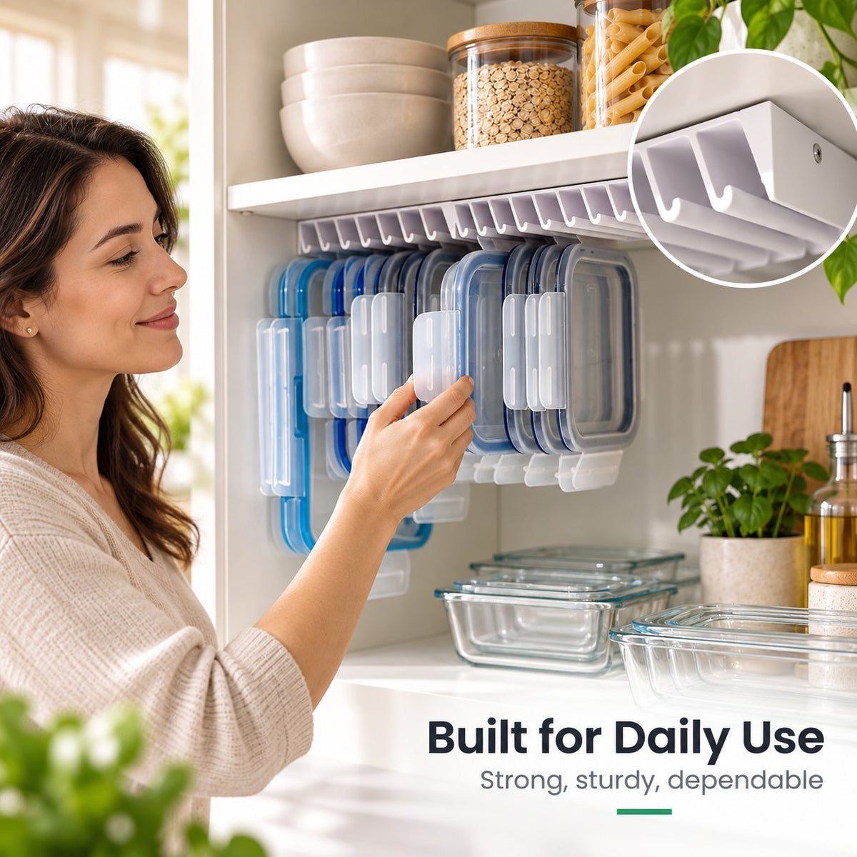 🌿 Zero Clutter: Smart Under-Shelf Lid Holder for 20 Lids