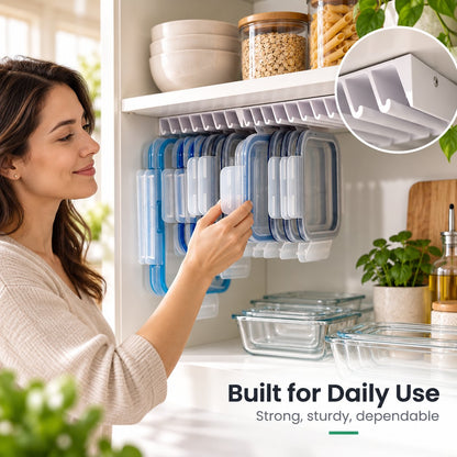 🌿 Zero Clutter: Smart Under-Shelf Lid Holder for 20 Lids