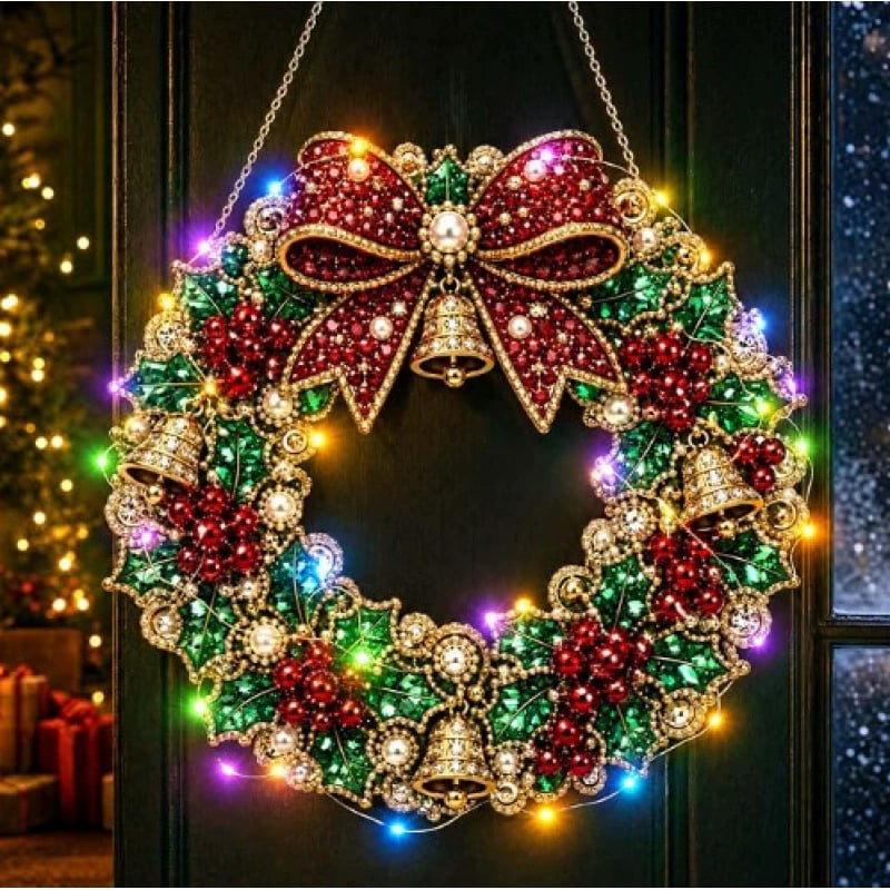LED Weihnachts-Perlen-Diamantbild – Funkelnde Weihnachtskranz-Dekoration mit 19 Motiven