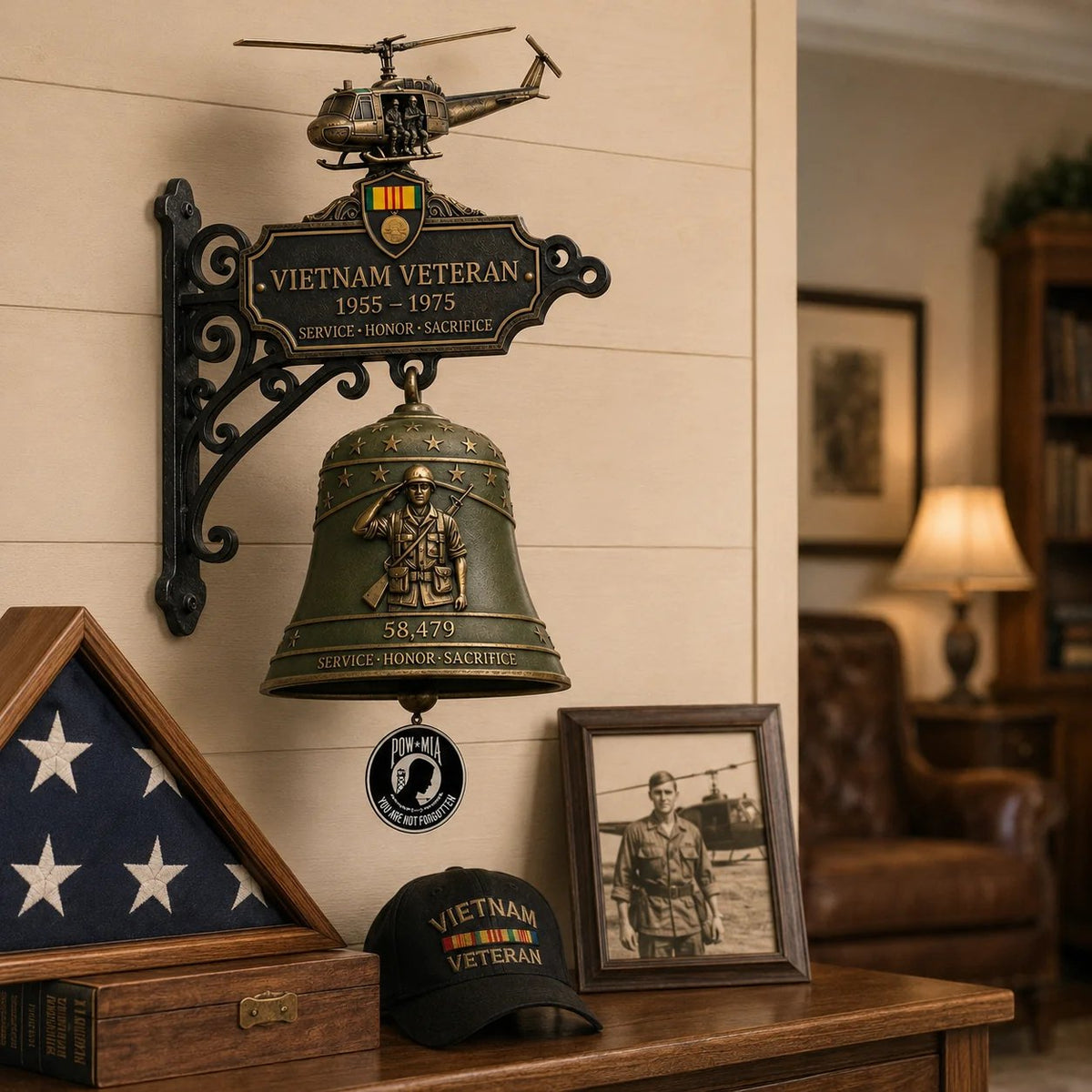 Vietnam Veteran Tribute Bell displayed with veteran memorabilia