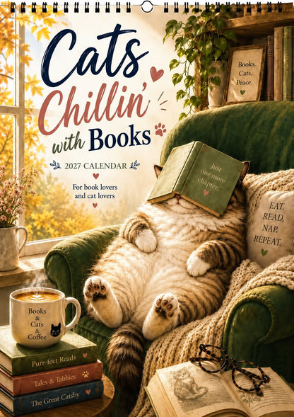 🐱Cats Chillin' with Books 2027 Wall Calendar | A4 Cozy Cat & Book Lover Calendar