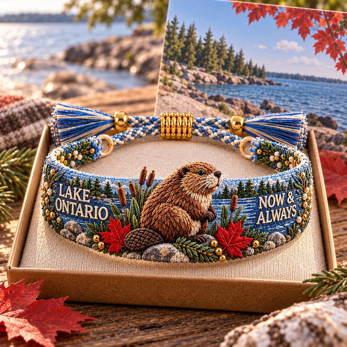 🌊 Lake Ontario Forever Embroidered Bracelet | Scenic Lake Design with Adjustable Woven Band, Meaningful Message & Gift-Ready Keepsake Box 🍁