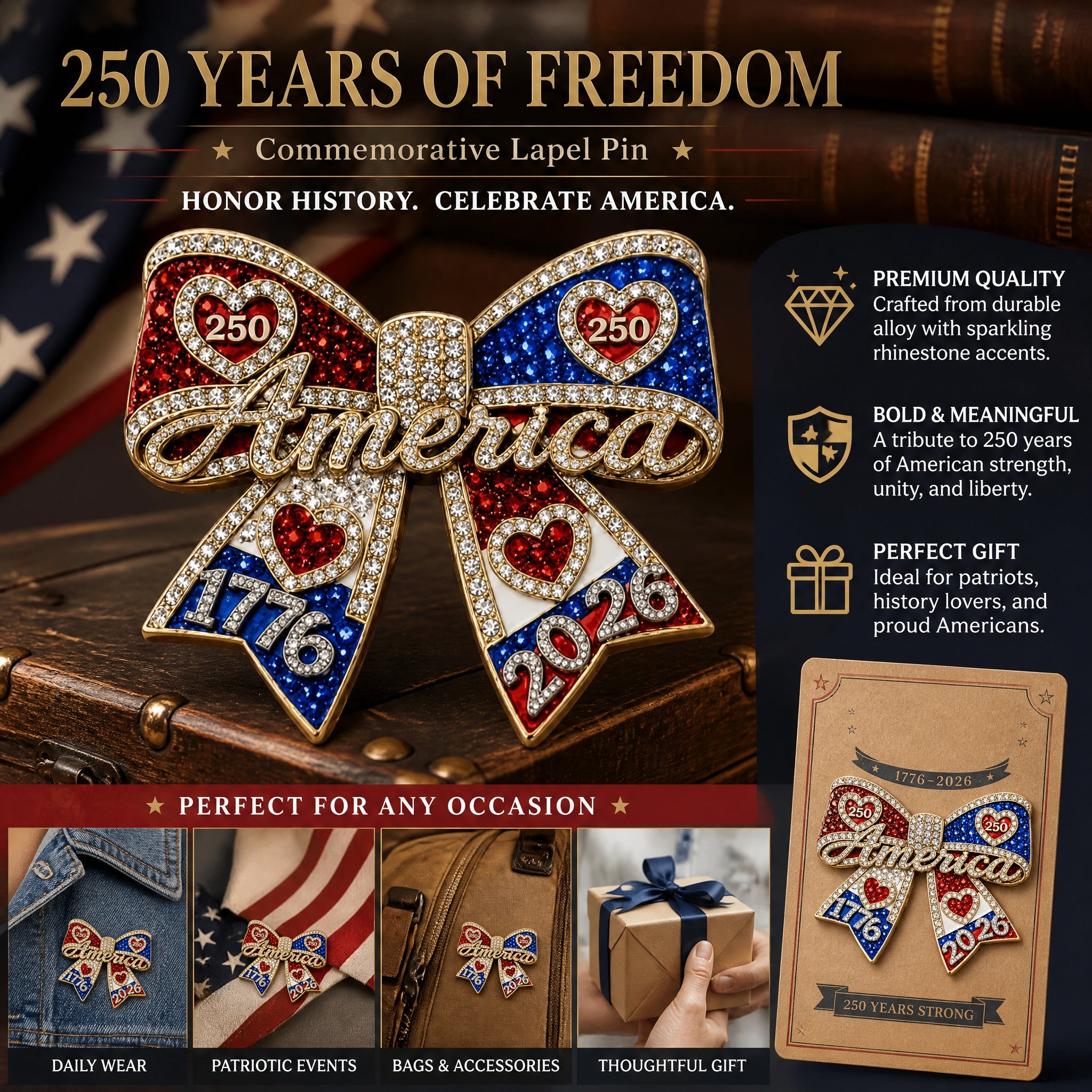 Red white and blue America 250 commemorative bow pin