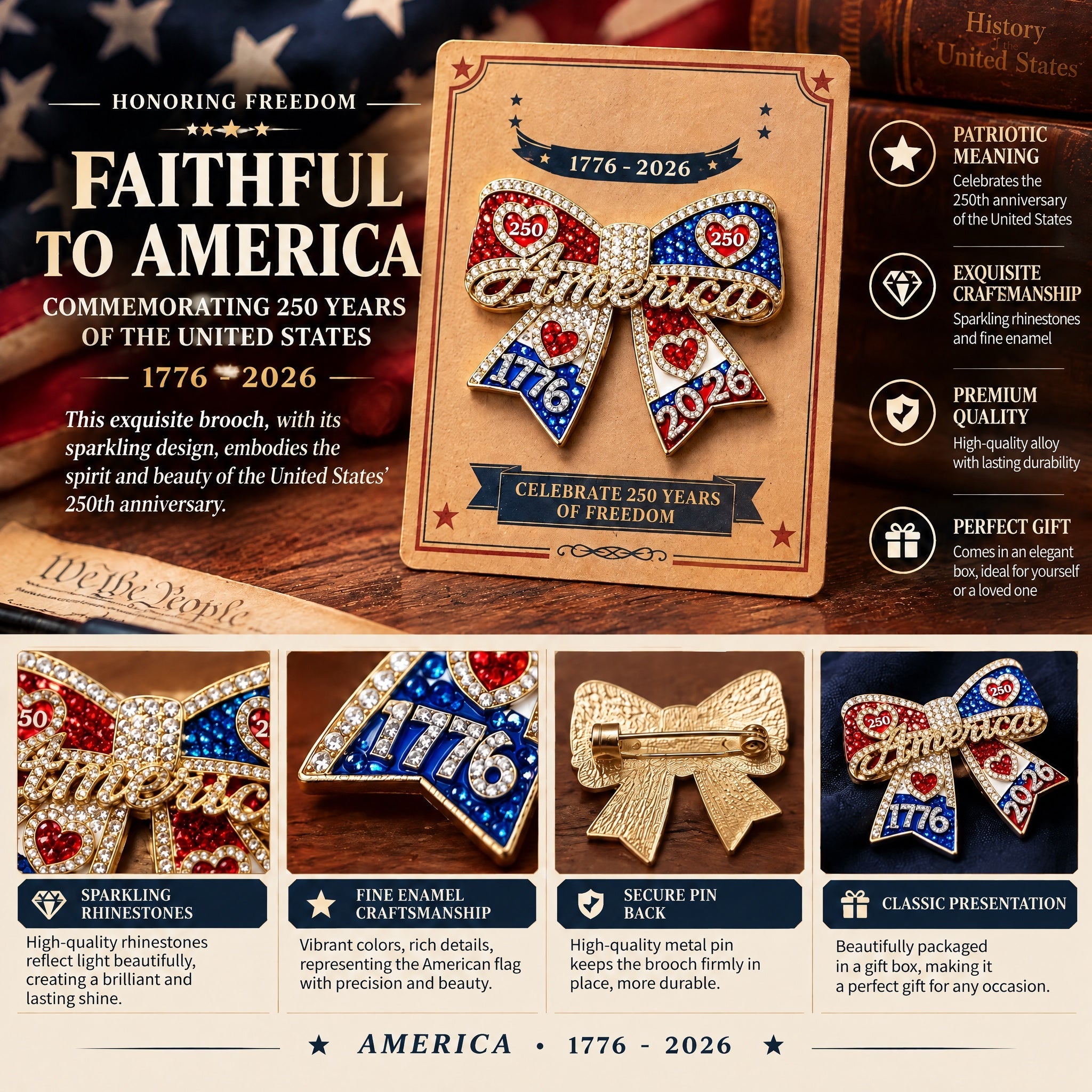 Detailed close-up of patriotic enamel ribbon pin and clasp