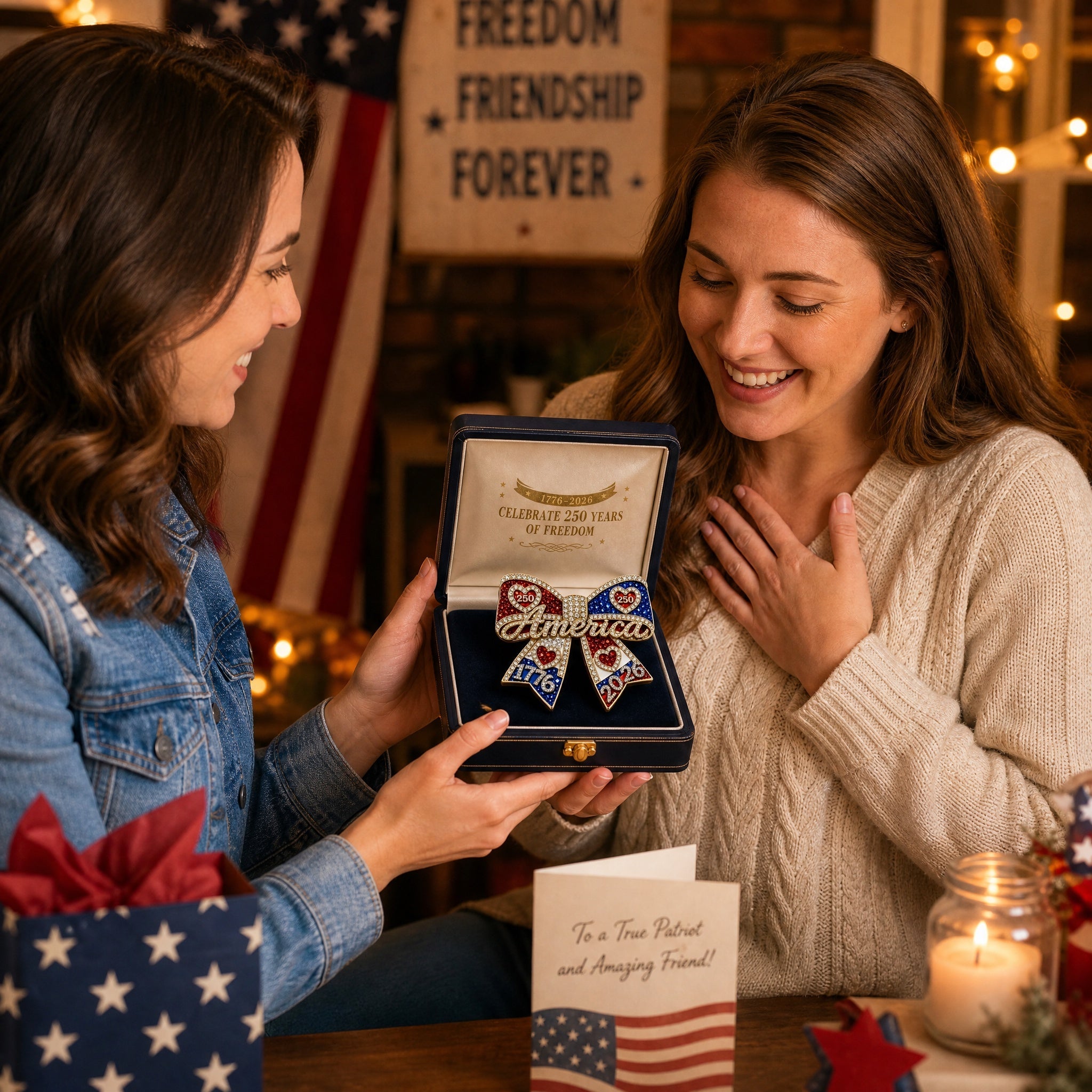 Commemorative American ribbon pin presented as a patriotic gift