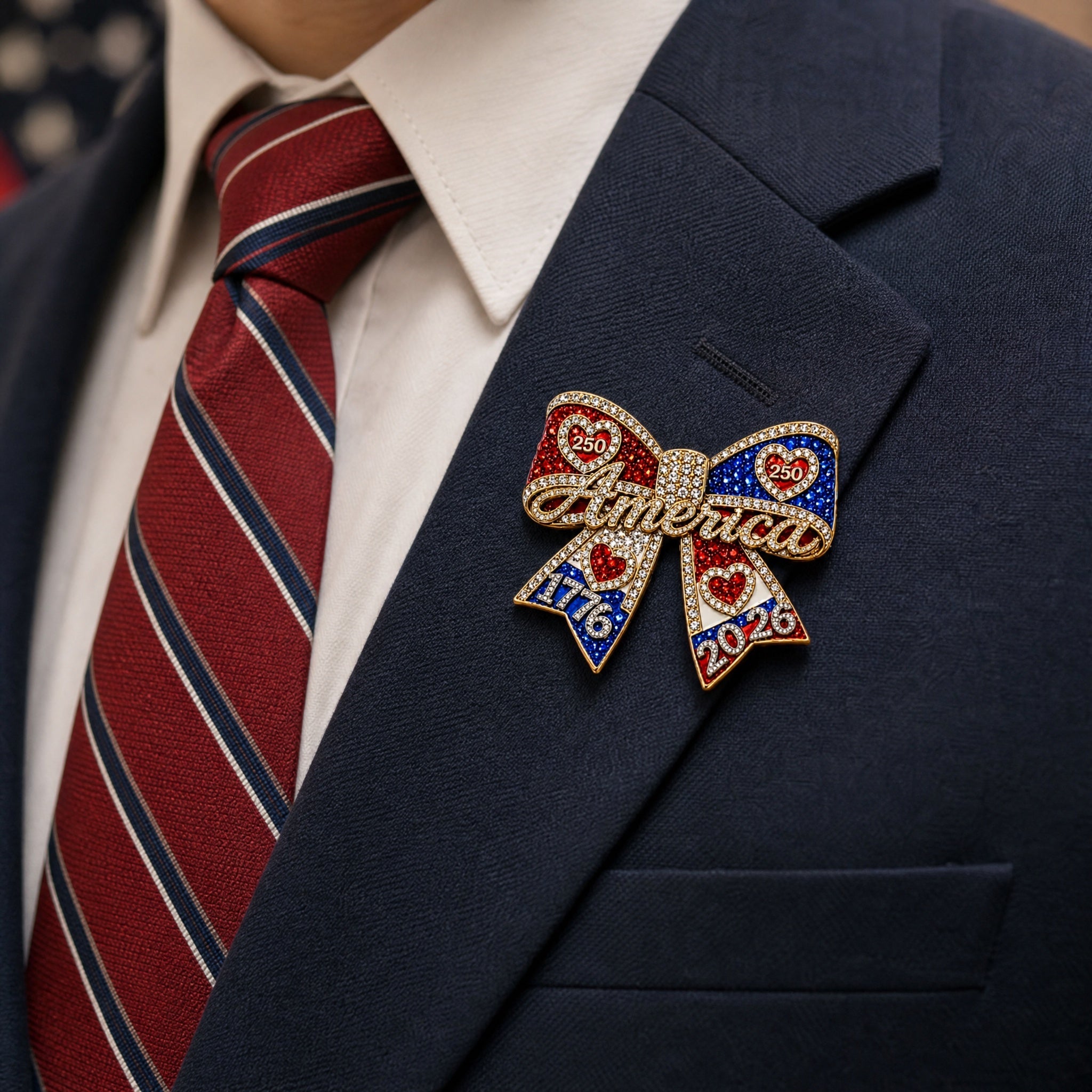 America anniversary pin worn on a navy jacket