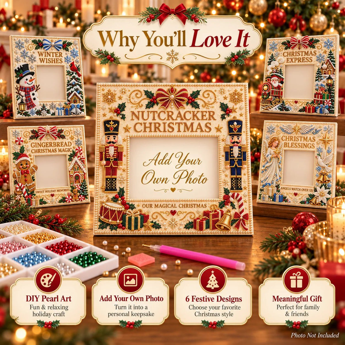 🎄 DIY Christmas Pearl & Rhinestone Photo Frame Kit | Beginner-Friendly Holiday Craft 💎