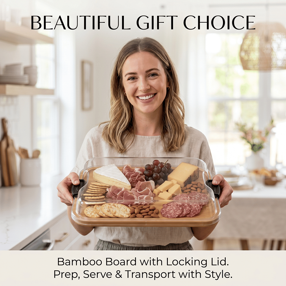 🧀 Bamboo Serving & Cutting Board with Locking Lid