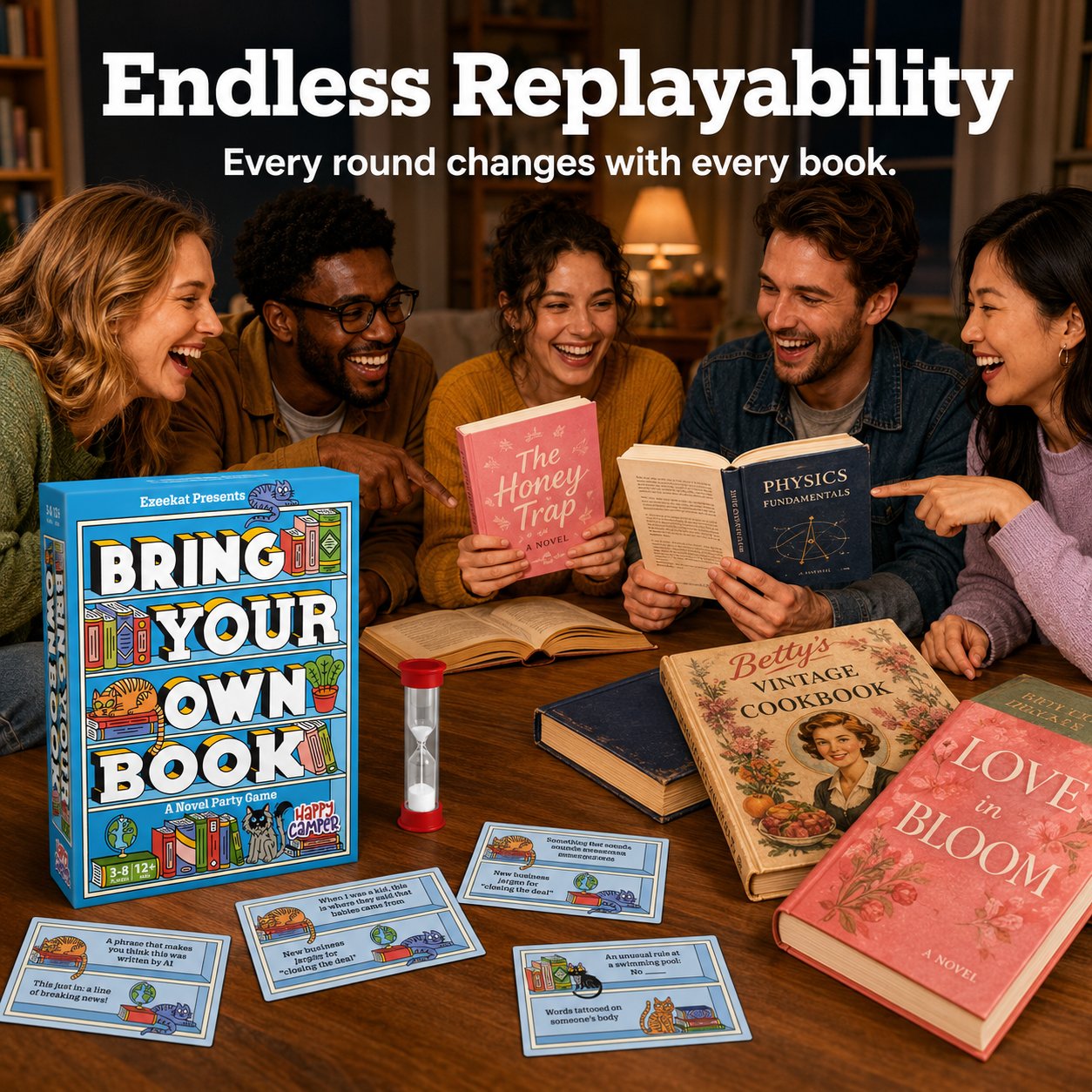 📚 Bring Your Own Book Party Game | 150 Hilarious Prompt Cards, 60-Second Timer & Endless Book Night Fun 🐱🎉