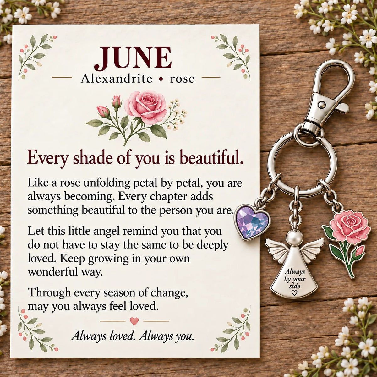 🔥LAST DAY 50% OFF - 👼 Always By Your Side: Birth Month Angel & Flower Keychain + Keepsake Card 🌸