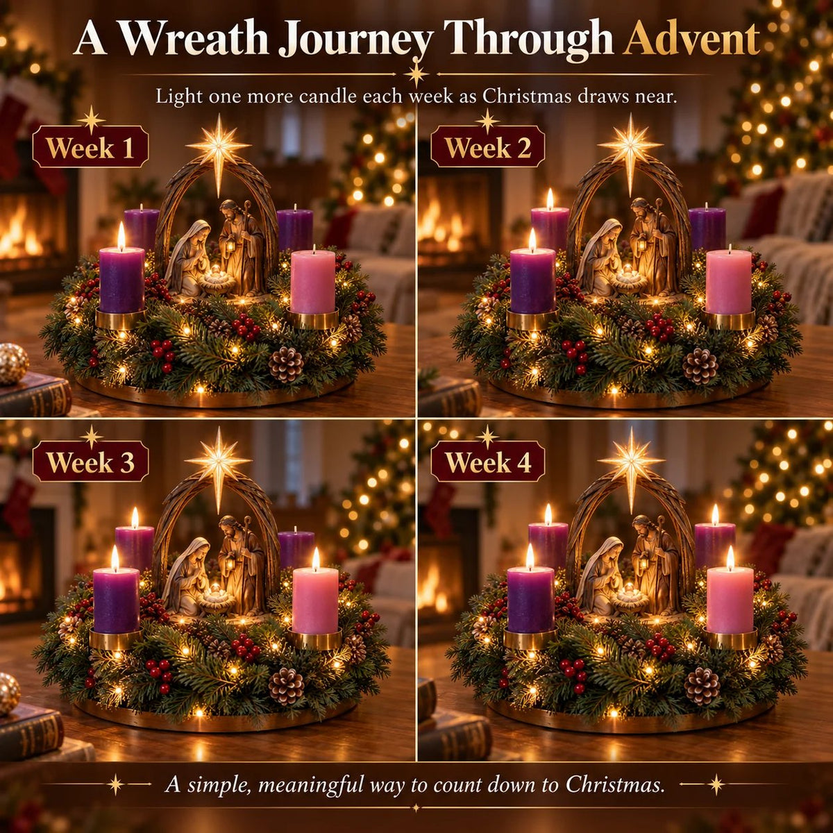 ✝️ Lighted Nativity Advent Wreath – A Sacred 4-Week Christmas Tradition🕯️