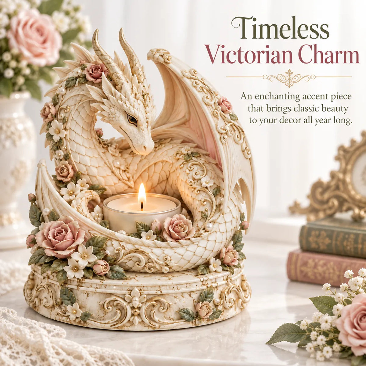 🐉 Floral White Dragon Tea Light Candle Holder