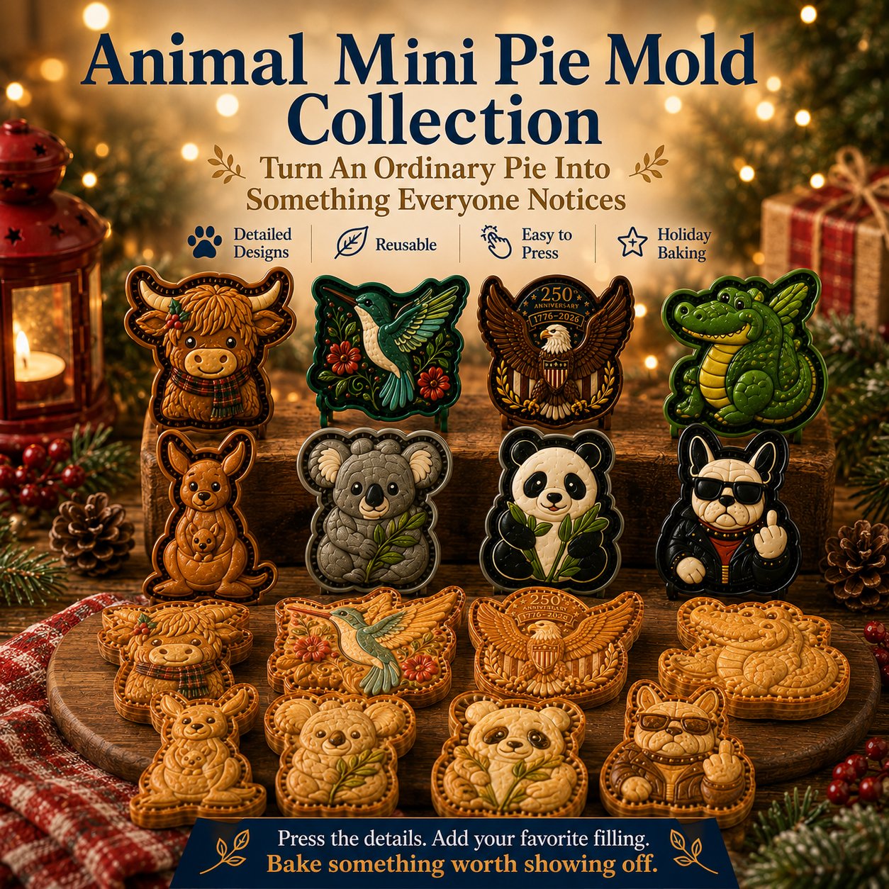 ⏳ Last Day 49% OFF – 🐾 8-Design Animal Mini Pie Mold Collection | Reusable Embossed Molds for Shaping Detailed Highland Cow, Hummingbird, Eagle, Koala & More 🥧✨
