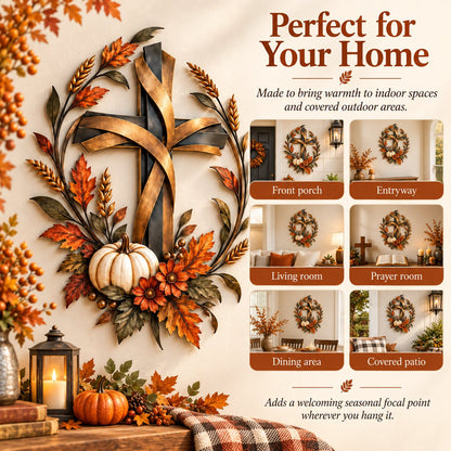 Autumn Cross & Pumpkin Harvest Metal Wall Decor