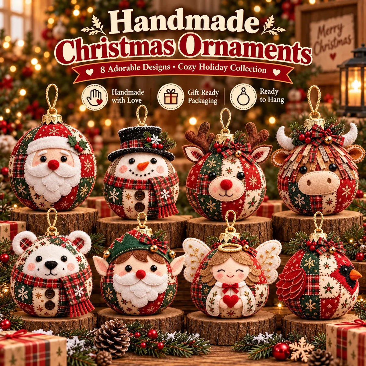 🎄Beginner-Friendly Cozy Patchwork Christmas Ornament Collection | 8 Festive Character Designs for Trees, Wreaths & Holiday Gifts ✨