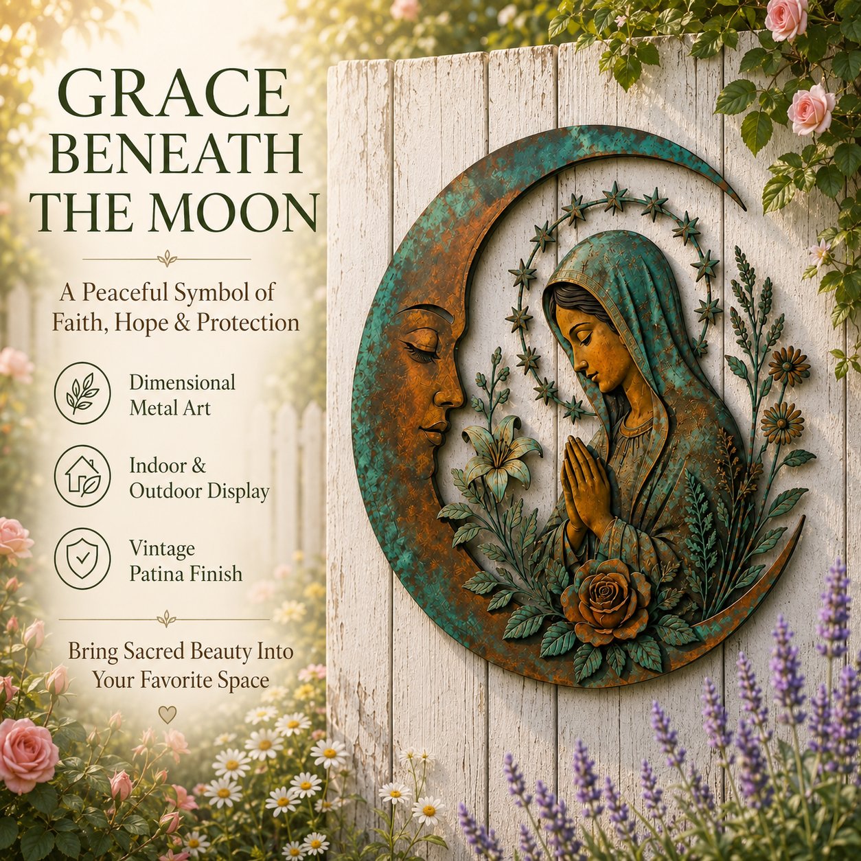 🌙 Crescent Moon Marian Botanical Metal Wall Art | Layered Virgin Mary, Raised Roses & Stars with Turquoise Patina and Copper-Tone Finish ✨