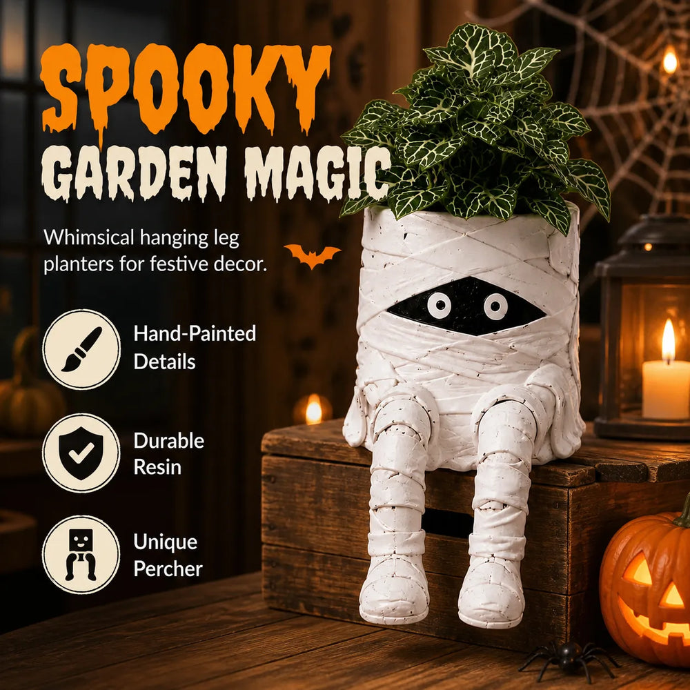 Halloween mummy hanging leg planter with plant