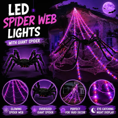 Halloween LED Spider Web Lights & Giant Black Spider Decor | 250 LEDs, 8 Modes, Remote Control