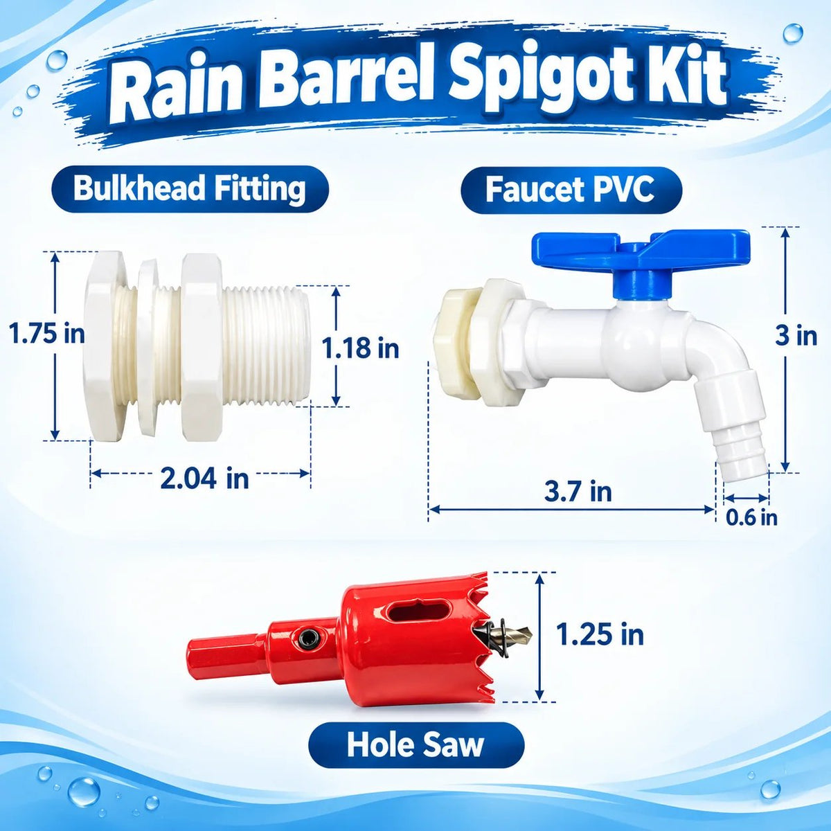 2Pcs Rain Barrel Faucet Kit with Hole Saw and 1/2' PVC Bulkhead Fitting