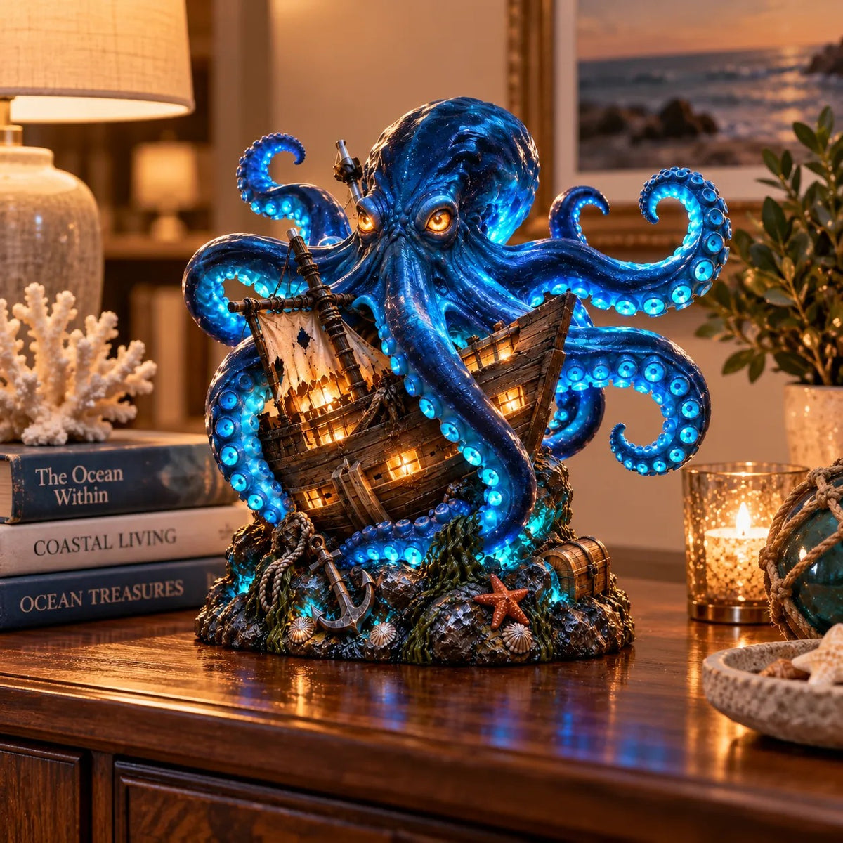 🐙⚓ Kraken Shipwreck Lighted Statue | Mystical Deep-Sea Octopus & Sunken Ship Nautical Décor