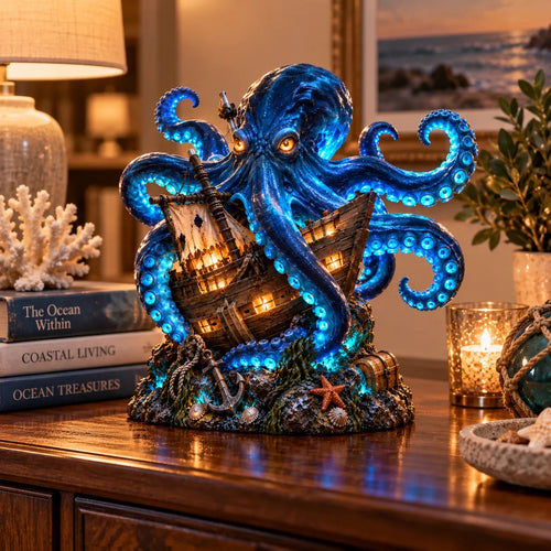 🐙⚓ Kraken Shipwreck Lighted Statue | Mystical Deep-Sea Octopus & Sunken Ship Nautical Décor