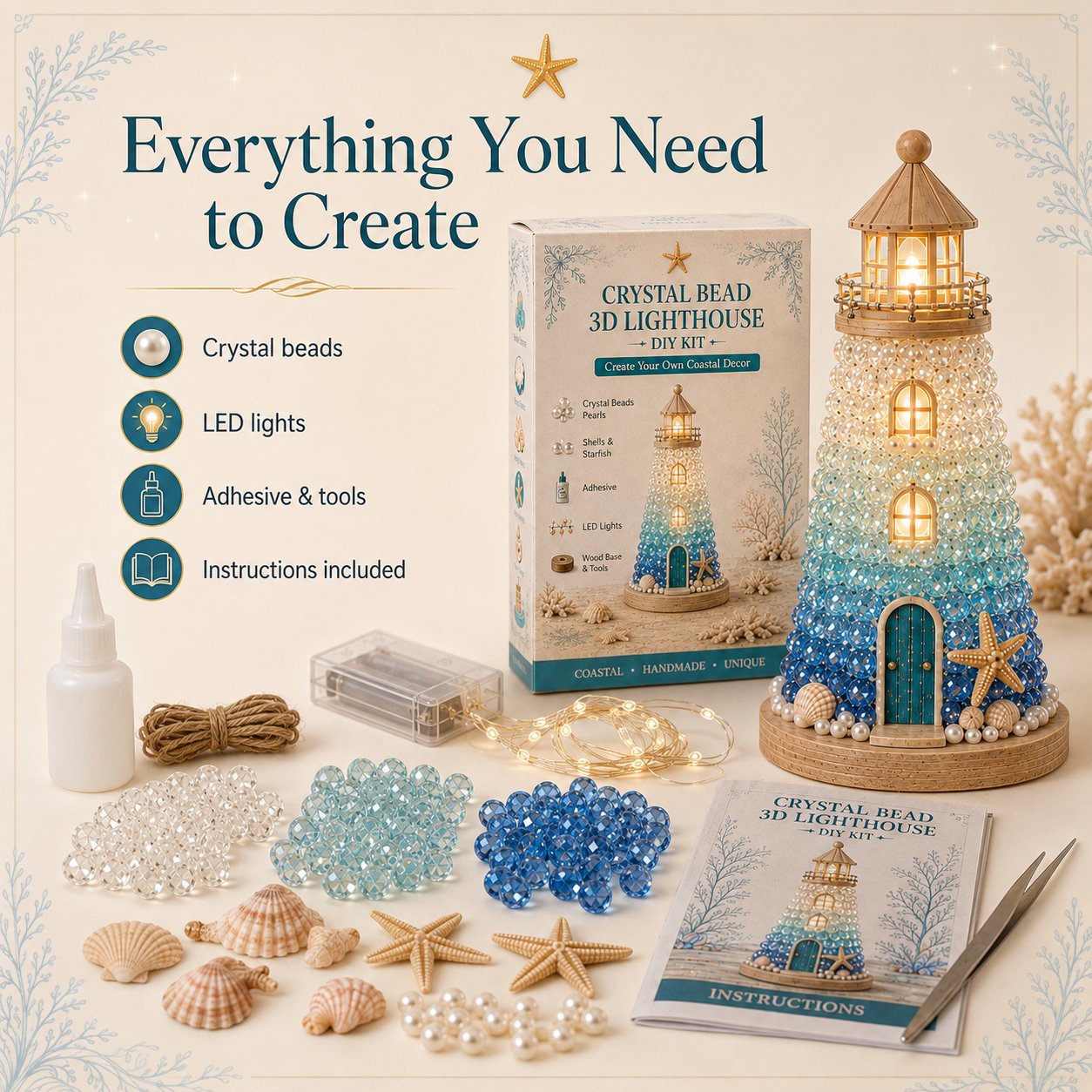 ⏳ Last Day 49% OFF – 🌊 Beginner-Friendly DIY Lighted Sea Glass-Style Lighthouse Kit Collection | Complete Kit with Sea Glass-Style Pieces, LED Lights & Step-by-Step Guide Included 💕