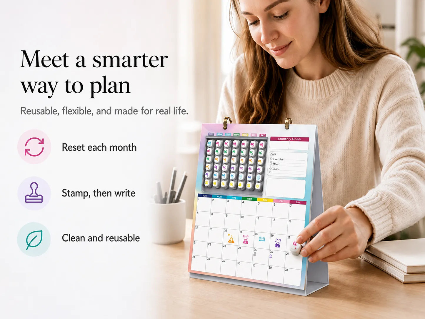 📅 Reusable Desk Calendar with 42 Self-Inking Event Stamps & 23 Replaceable Pages