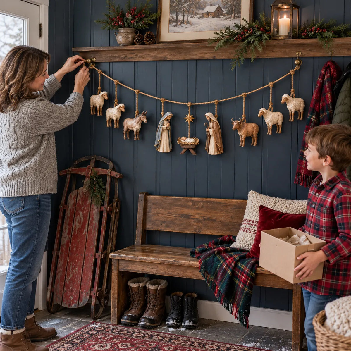 🎄 Handcrafted Wooden Nativity Garland – Rustic Christmas Decor