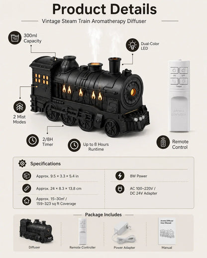 🔥Limited-Time Sale | Vintage Steam Train Humidifier – 300ML Aromatherapy Diffuser with LED Light