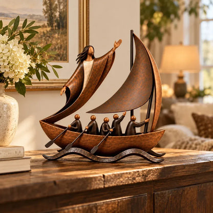⛵ Faith-Inspired Sailing Boat Sculpture | Bronze-Tone Décor with Symbolic Figures & Timeless Detail ✨