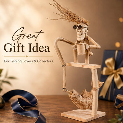 Handcrafted Wooden Ornament: Old Fisherman Angling