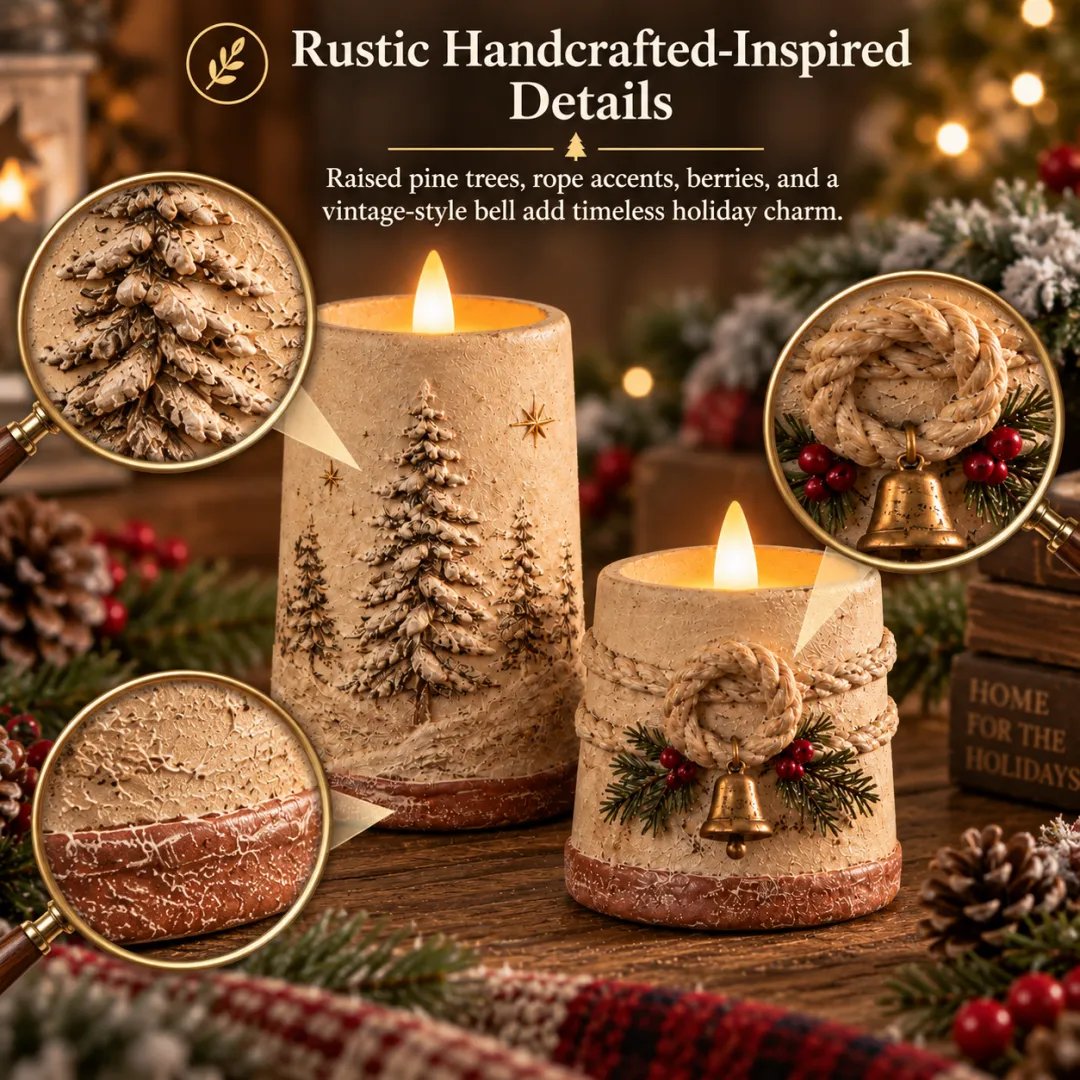 Rustic Christmas Flameless LED Candle Décor – Set of 2