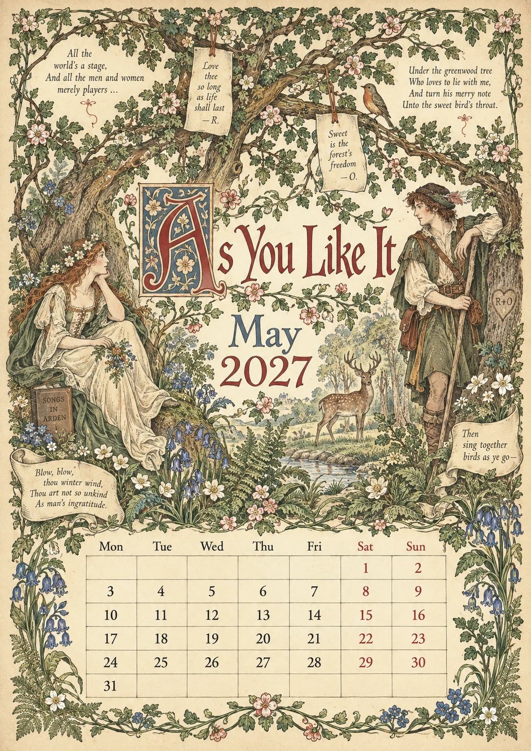 A Shakespearean Year 2027 – 12 Plays Through the Seasons | Vintage Illustrated Wall Calendar