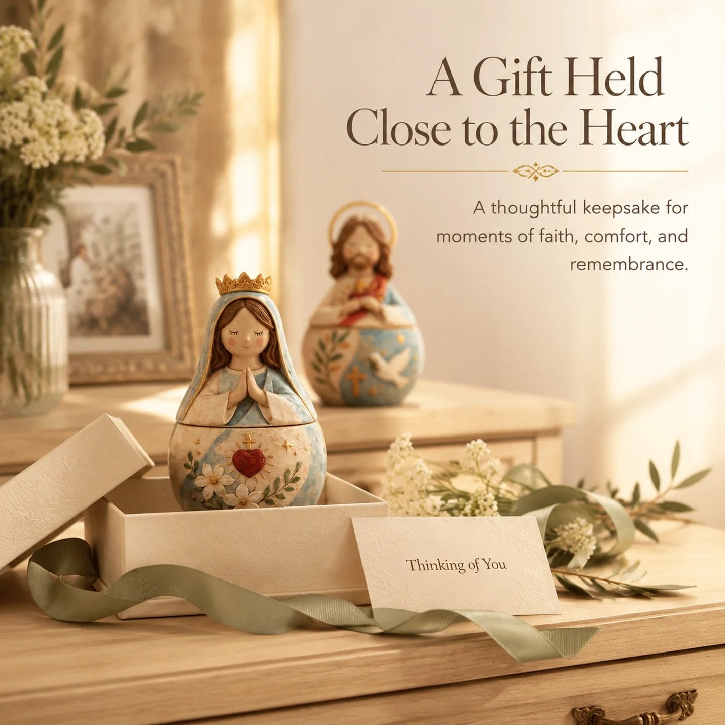 🌟 Divine Grace Collection: Hand-Painted Sacred Heart Jesus & Blessed Mary Keepsake Box