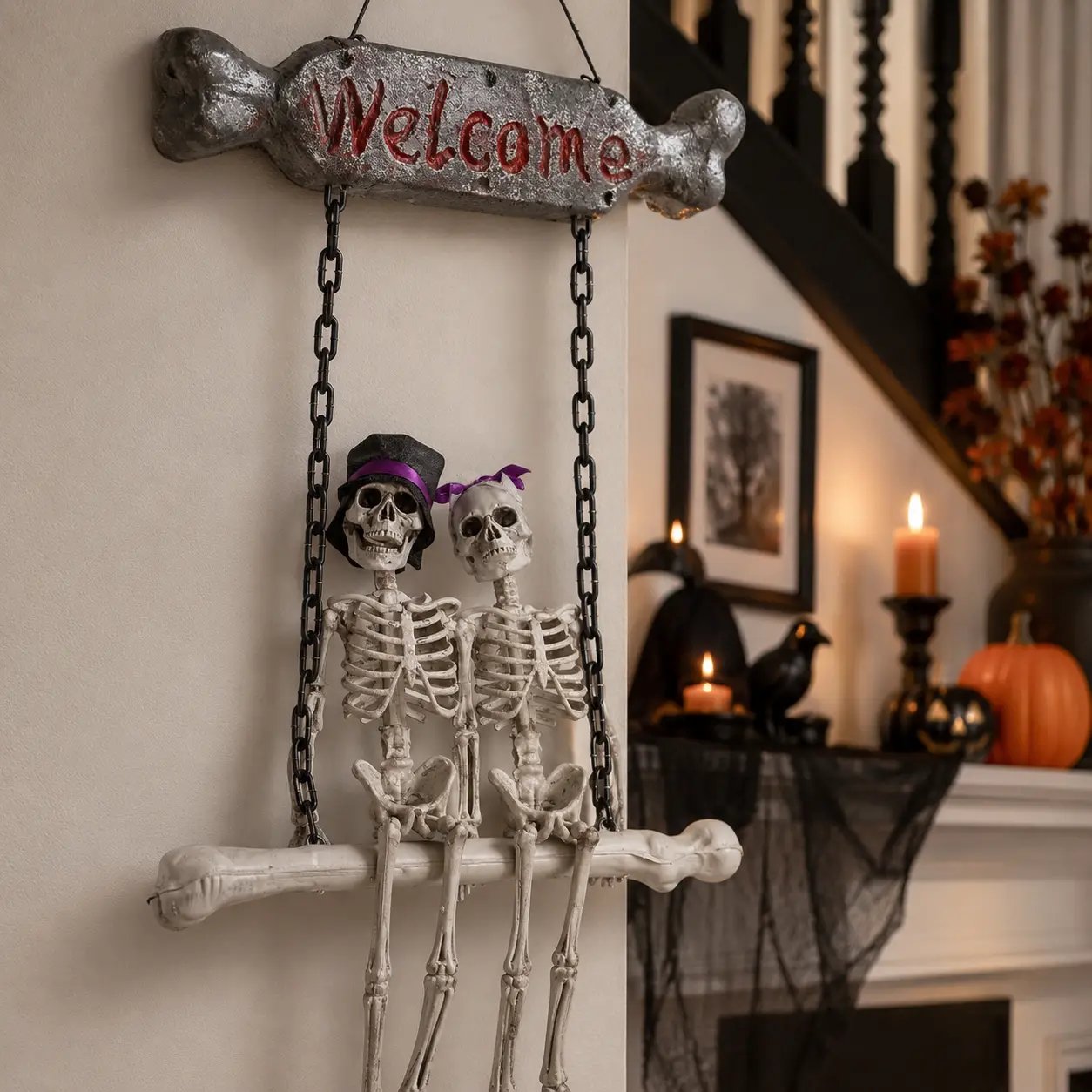 💀 Spooky Welcome Hanging Skeleton Sign