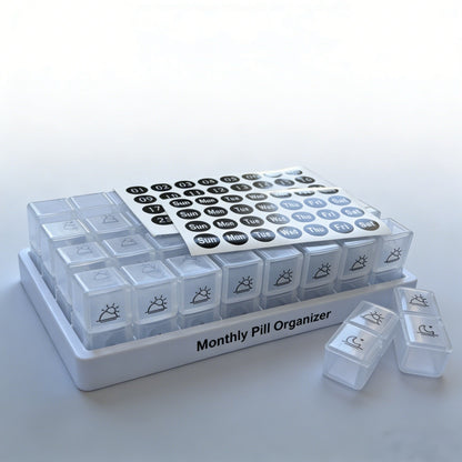 🎉💊 Monthly AM/PM Pill Organizer – Twice-a-Day Medicine & Vitamin Storage with Stickers