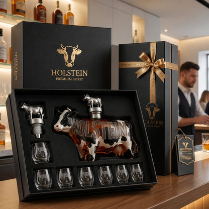 Deluxe Holstein Cow-Shaped Whiskey Decanter Set – Luxury Decanter Gift Box for Home Bar Decor, Unique Anniversary Gift for Men