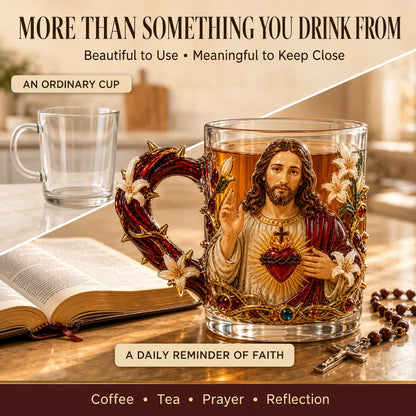 ⏳ Last Day 49% OFF – ✝️ 3D Christian Devotional Glass Mug Collection | 12oz Premium Clear Glass with Raised Jesus & Virgin Mary Figures, Sculptural Details & Jewel-Inspired Accents ✨